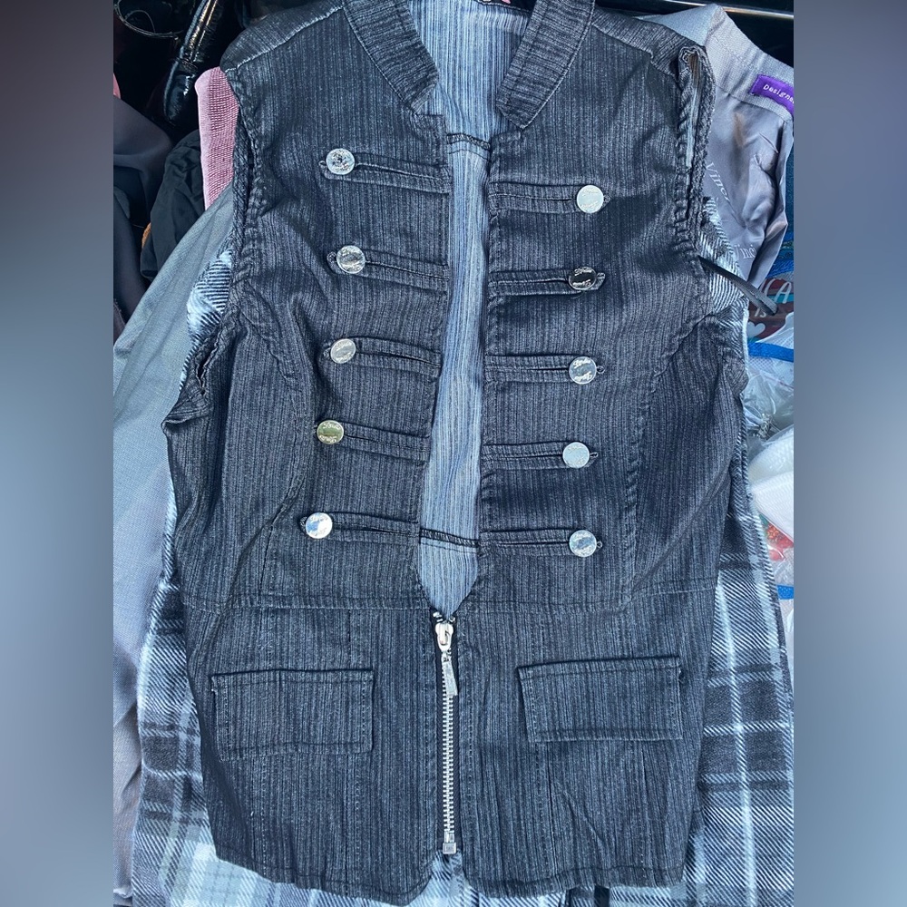 Black Military Style Vest with Silver Buttons